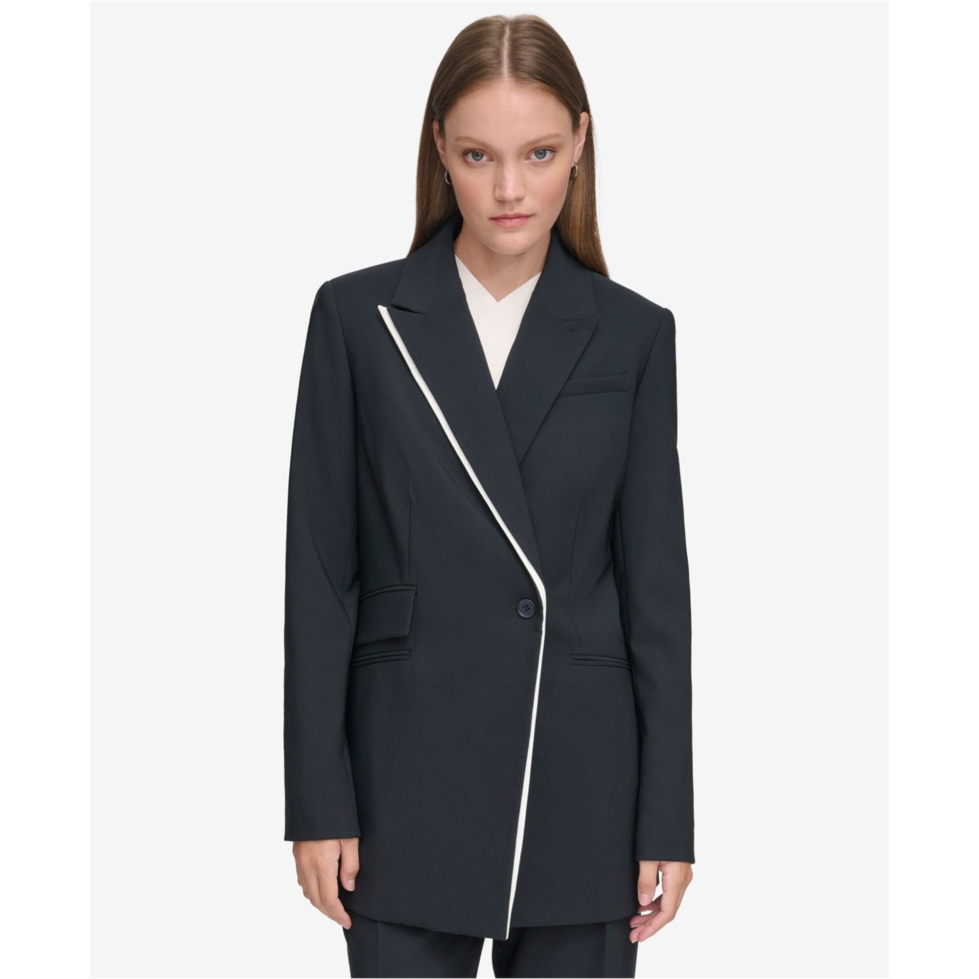 Calvin Klein Womens Asymmetrical One Button Blazer Jacket, Blue, 10
